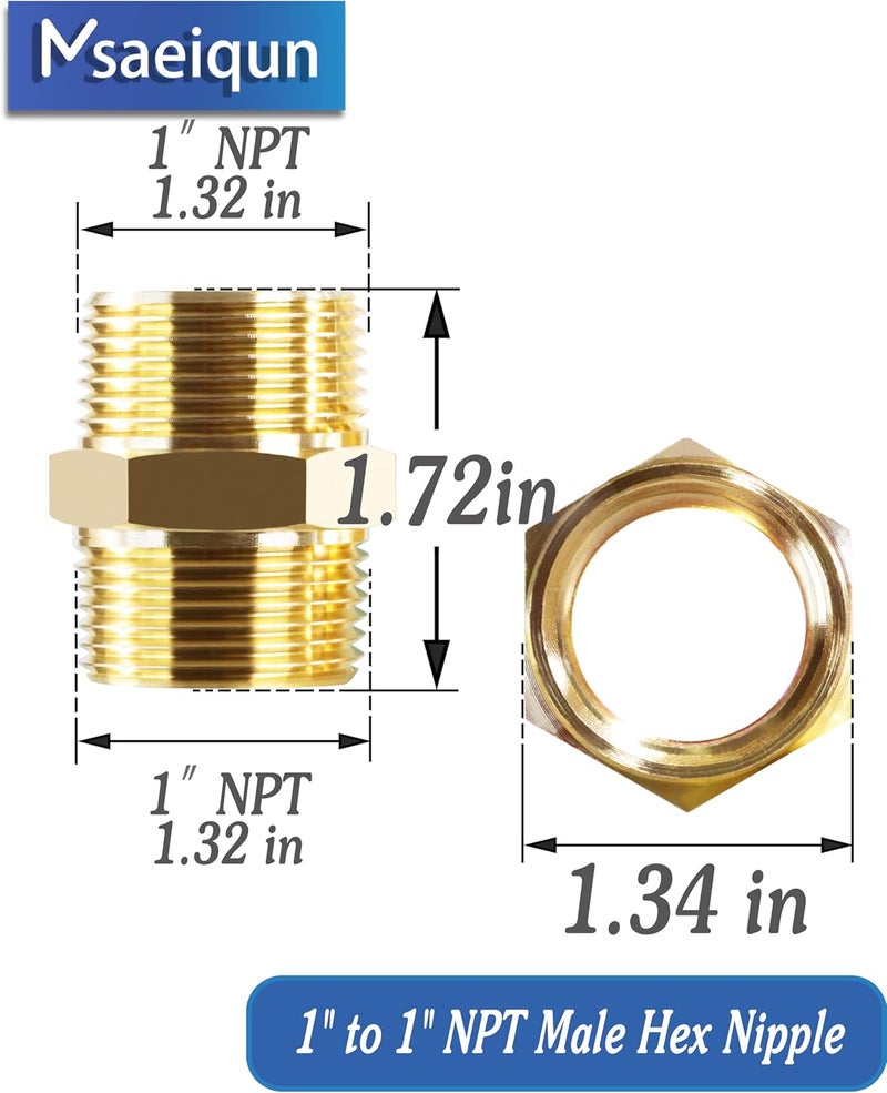 MSAEIQUN 2PCS 1 Inch Male Pipe x 1 Inch Male Pipe Solid Brass Threaded Straight Pipe Equal Diameter Pipe Hex Nipple Fittings Extension Connector Adapter Coupling for Pipe Line/Oil/Gas - Image 2